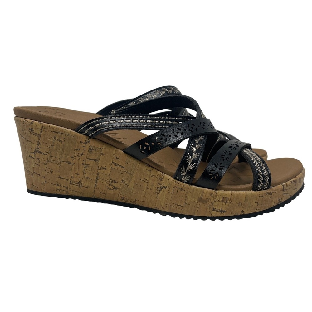 Skechers Cali Womens 9 Black Luxe Foam Wedge Sandals 31714 Strappy‎ Cork Heel
